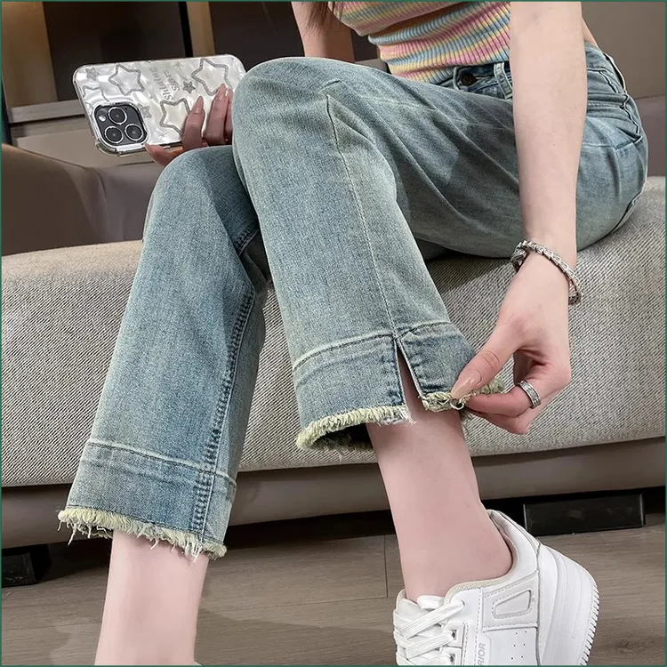 流苏直筒牛仔裤女小个子九分春季新款高腰显瘦窄版开叉烟管裤子