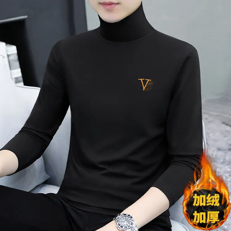 秋冬季帅气高领加绒加厚长袖t恤男装潮牌内搭休闲纯棉打底衫上衣