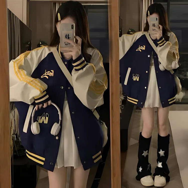 国潮美式撞色三条杆棒球服女宽松春秋季2025新款oversize夹克外套