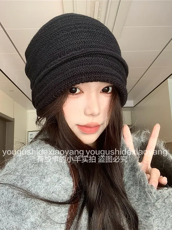 纹理感堆堆冷帽女秋冬季自带褶皱韩系氛围感针织帽女复古百搭帽子