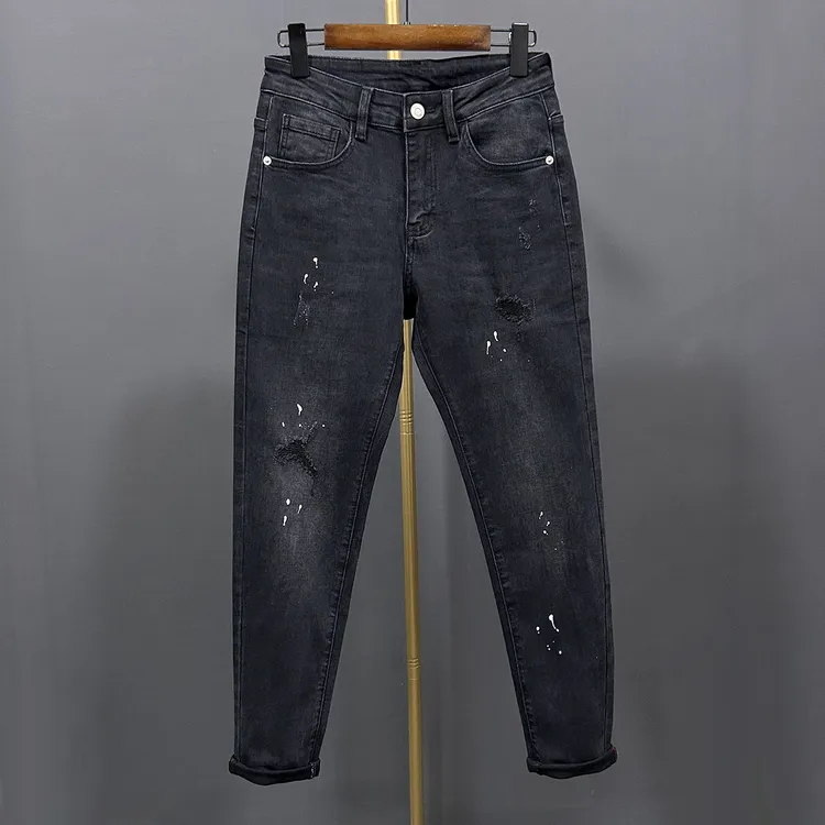 九分/长裤黑色破洞补丁硬汉泼墨男士牛仔裤弹力直筒微锥秋冬季