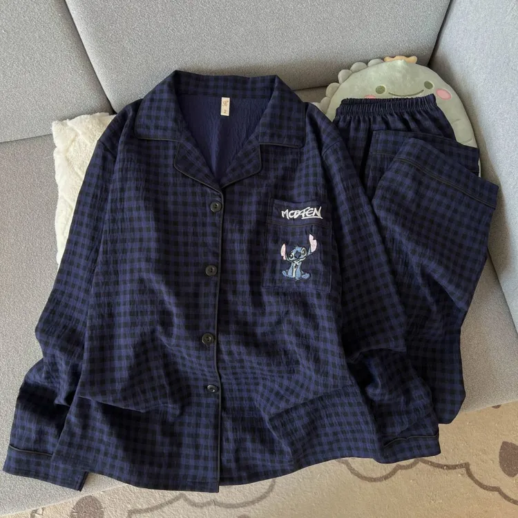 格子史迪奇云朵棉睡衣女春秋季长袖长裤学生可爱美少女家居服套装
