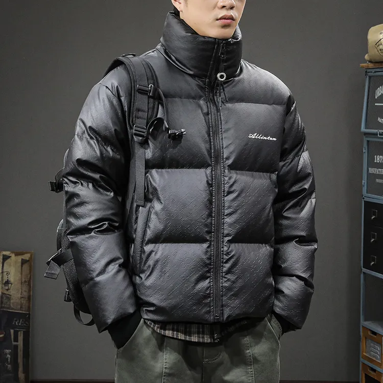 冬季保暖加厚男士亮面羽绒服宽松大码潮牌简约立领短款面包服鸭绒