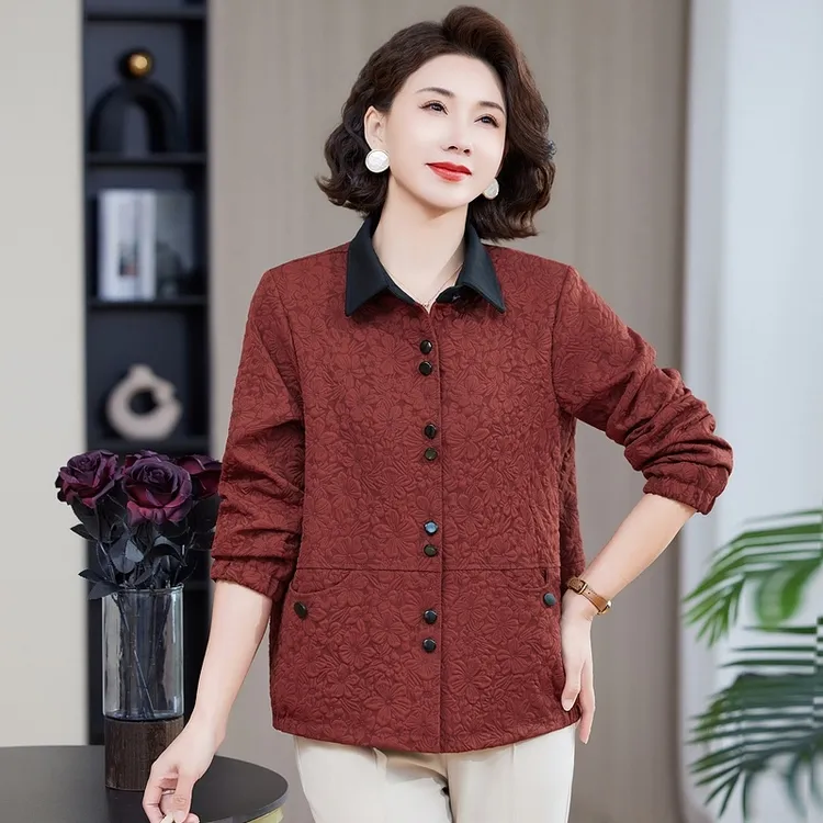 2025春秋季撞色提花短外套女装中老年上衣休闲洋气翻领妈妈装夹克