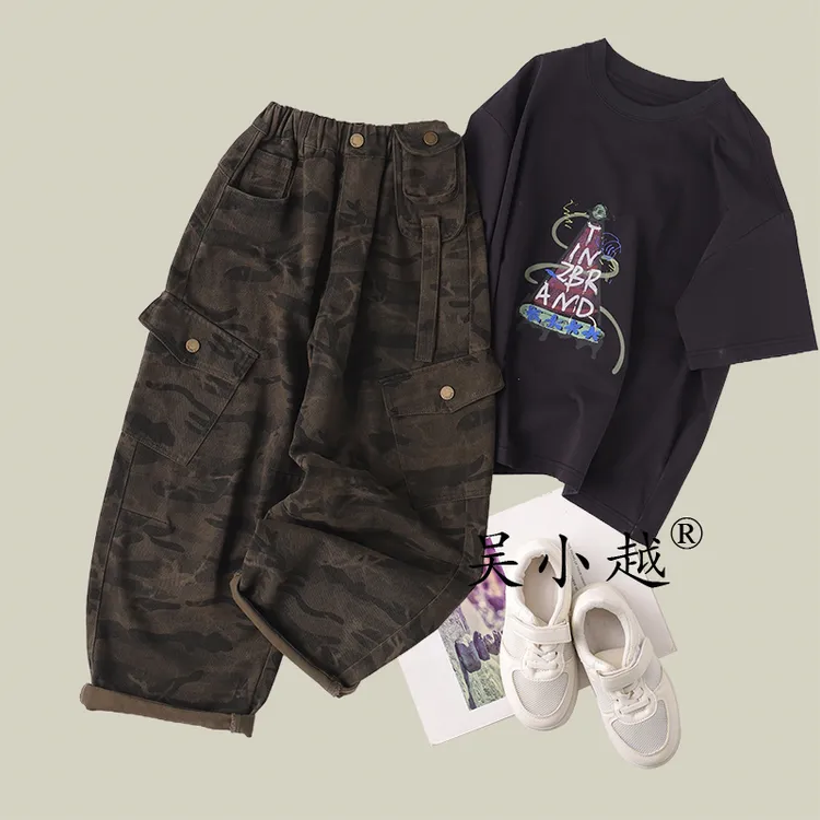 吴小越w1545男童休闲伞兵工装迷彩长裤男孩儿童中大童宽松潮款