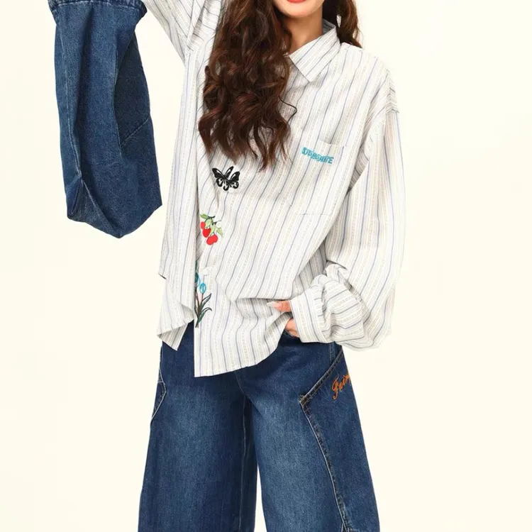 美式复古刺绣个性美式复古条纹长袖衬衫男女春夏宽松百搭衬衣