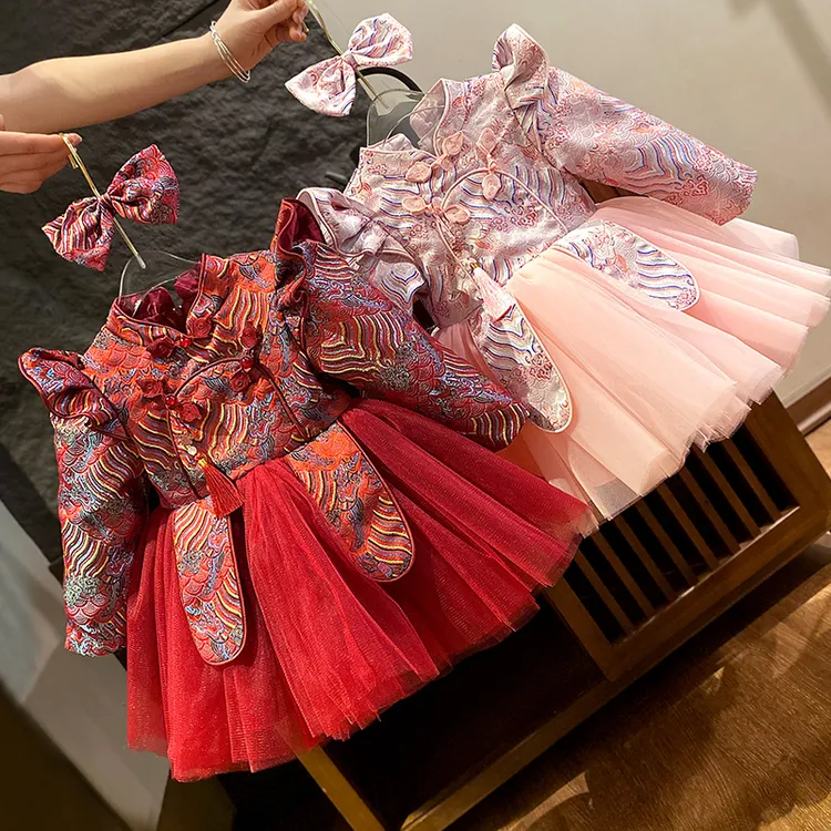 周岁女宝宝礼服秋冬儿童新中式生日抓周旗袍裙红色一岁生日公主裙