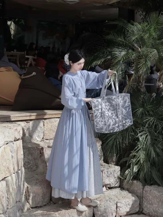 日系文艺长袖衬衫连衣裙套装裙女春秋宽松显瘦叠穿两件套