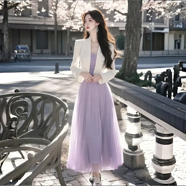 2025秋季轻奢高级感超好看独特漂亮白色西装外套紫色连衣裙套装女