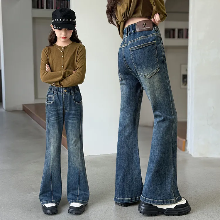女童裤子牛仔喇叭裤春秋装2025新款中大童洋气弹力微喇裤秋季长裤