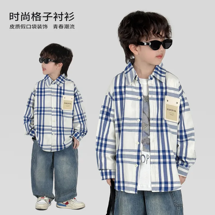中班仔男童长袖衬衫2025新款时尚纯棉格子衬衣帅气春秋潮*36220