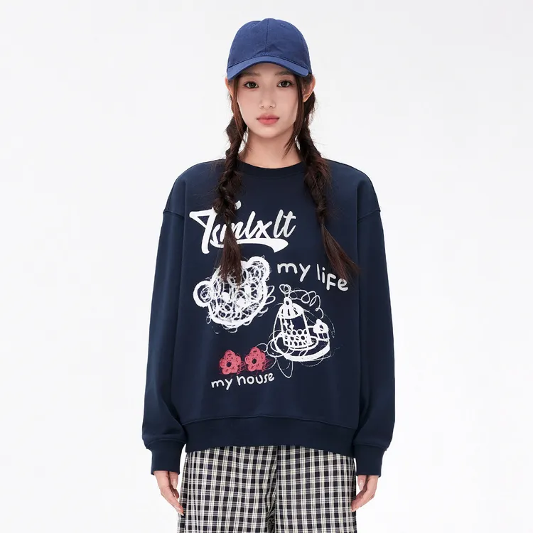 TSMLXLT小熊创意印花长袖T恤女2025秋冬新款潮流美式时尚上衣卫衣