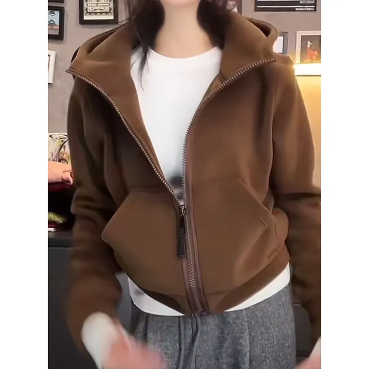 2025秋冬双面奥粒绒连帽外套女休闲宽松百搭加绒加厚开衫夹克上衣