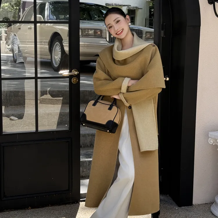 高端超大披肩撞色围巾领大口袋落肩袖双面羊毛大衣外套女秋冬