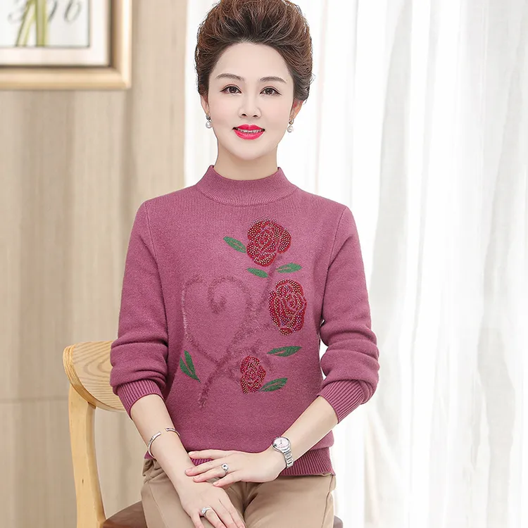 妈妈冬装加绒加厚毛衣50岁洋气百搭保暖内搭中老年女装秋冬针织打