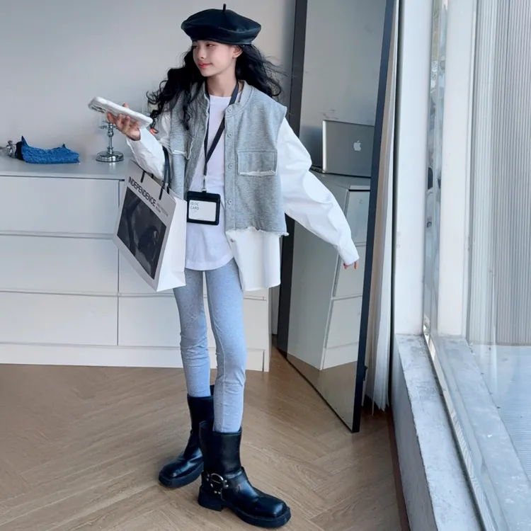 【酷哒仔】女童韩系假两件衬衫打底裤子三件套装2025秋季中大童潮范