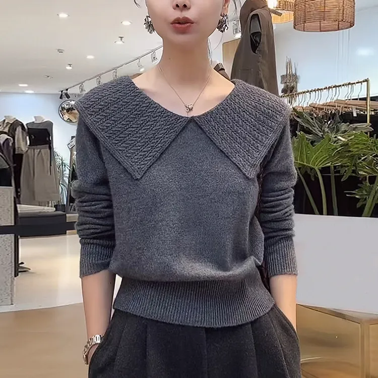 秋冬女灰色翻领毛衣慵懒高级感洋气减龄显瘦内搭打底针织衫上衣