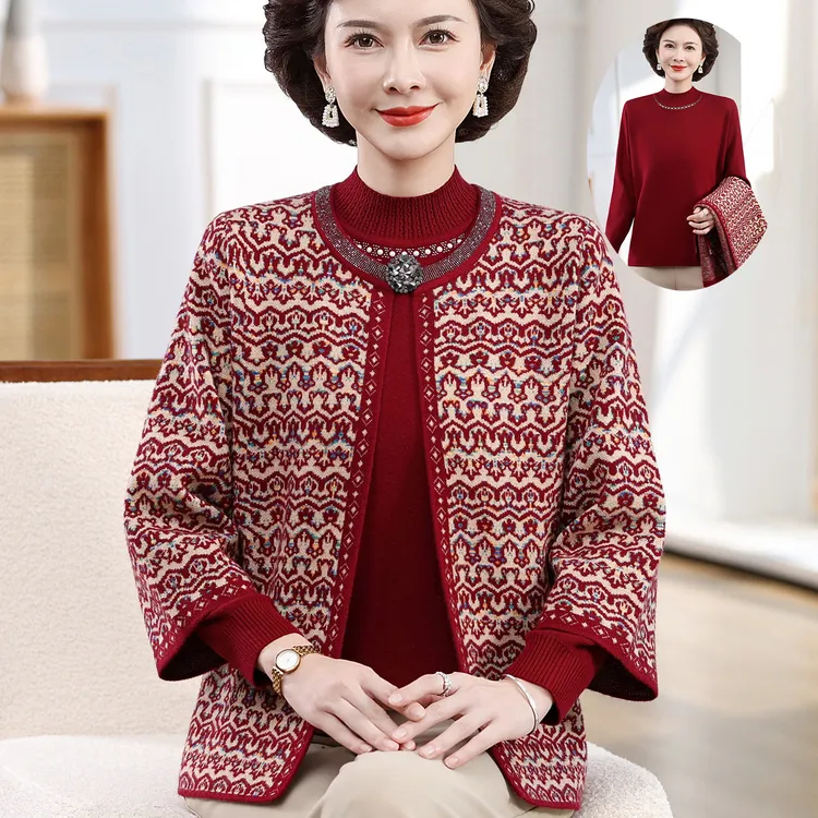 两件套婆婆妈妈装秋冬外套针织开衫洋气高贵中年女冬季保暖毛衣