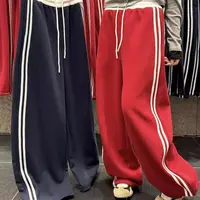  TING GE 内里加绒款~冬季松紧腰圣诞红侧边双杠弯刀阔腿裤 78599