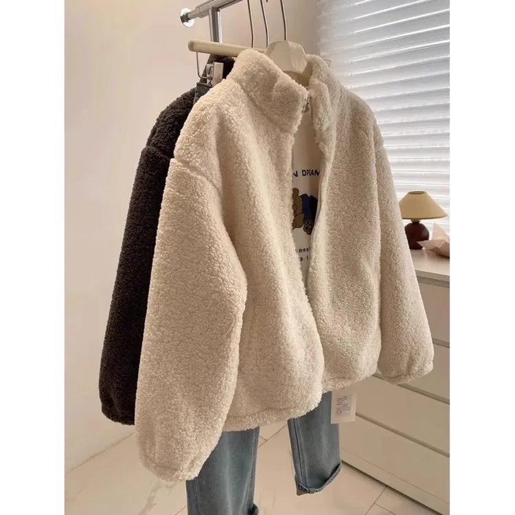 胖MM爆款~大码女装立领毛毛外套女秋冬季羊羔毛加厚休闲拉链夹克