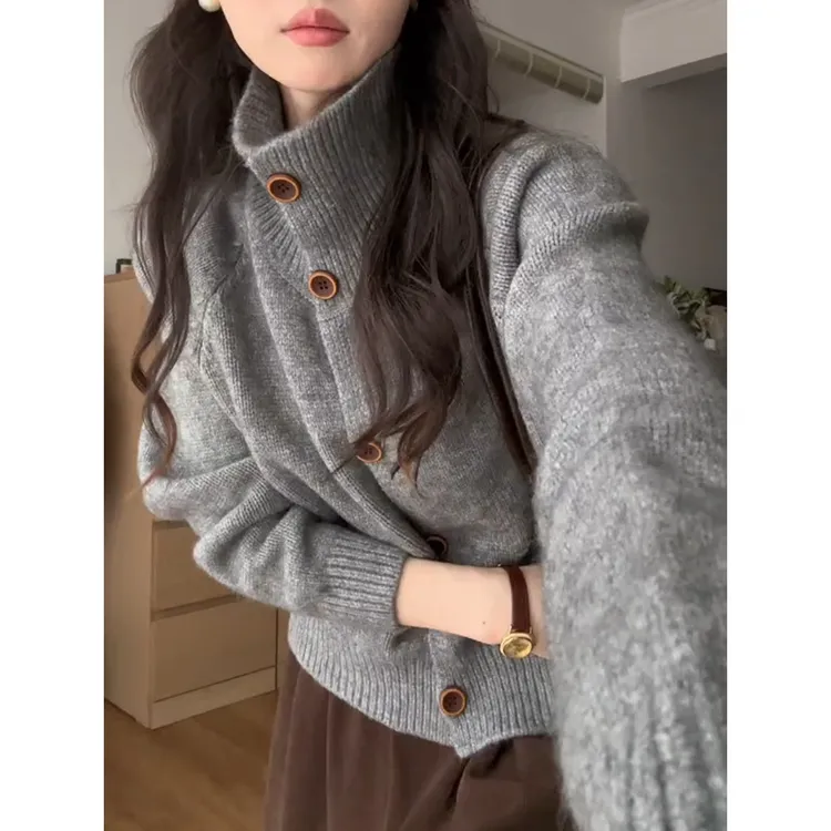 单排扣高领毛衣外套女秋冬新款韩版休闲百搭显瘦气质针织开衫上衣