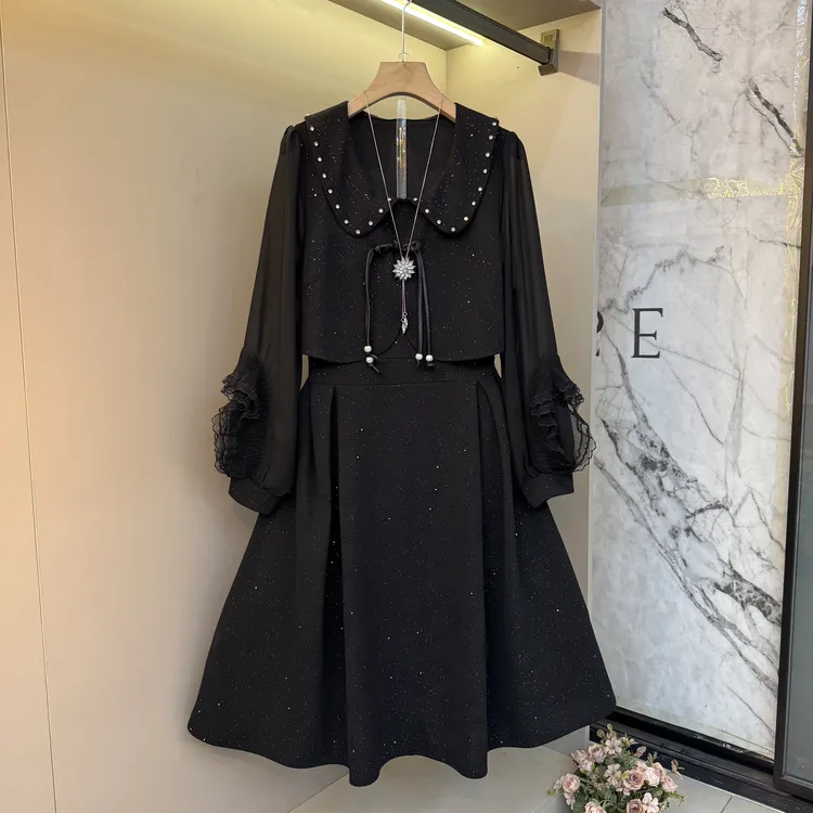 大码女装秋新款胖mm时尚重工钉珠流苏设计娃娃领法式连衣裙9283-1