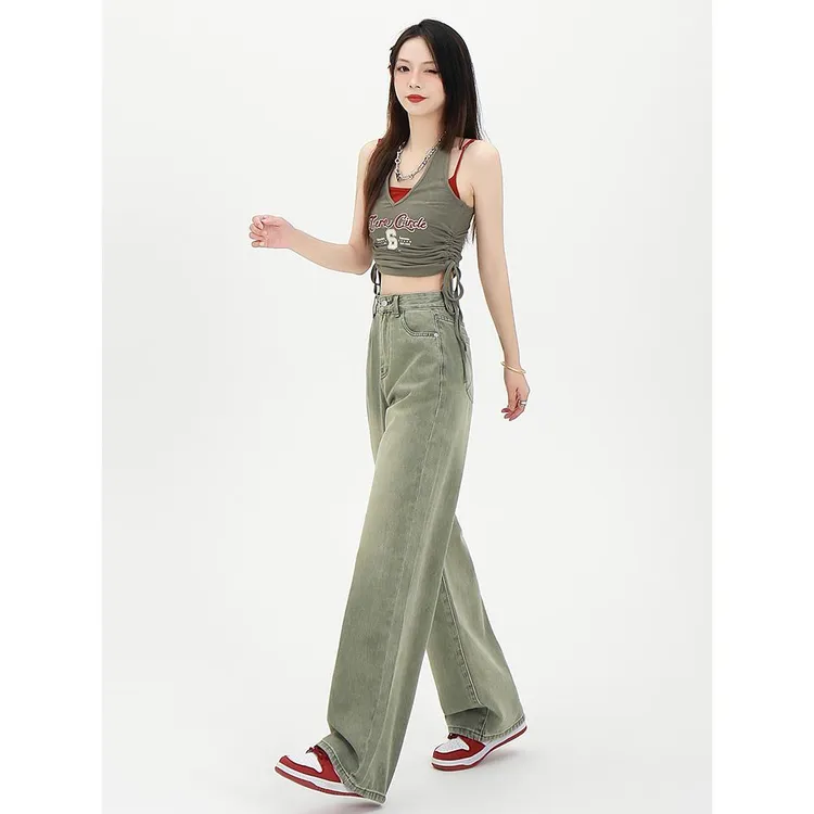 宽松百搭垂感显瘦直筒牛仔裤女2025年春季新款复古高腰窄版阔腿裤