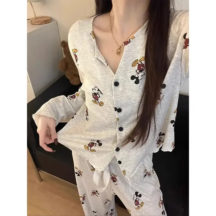 卡通可爱米奇亲肤莫代尔冰丝开衫长袖长裤睡衣女春秋季家居服套装