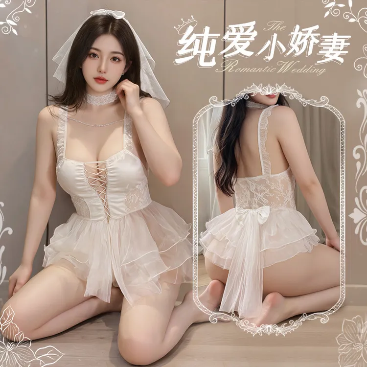 珠链点缀前绑带新娘氛围感套装性感纯欲洁白婚纱睡裙ZY6631