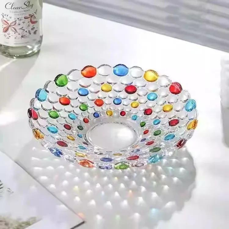 北欧风彩绘果盘彩色圆点水晶玻璃盘子家用家居餐桌轻奢风果盘批发