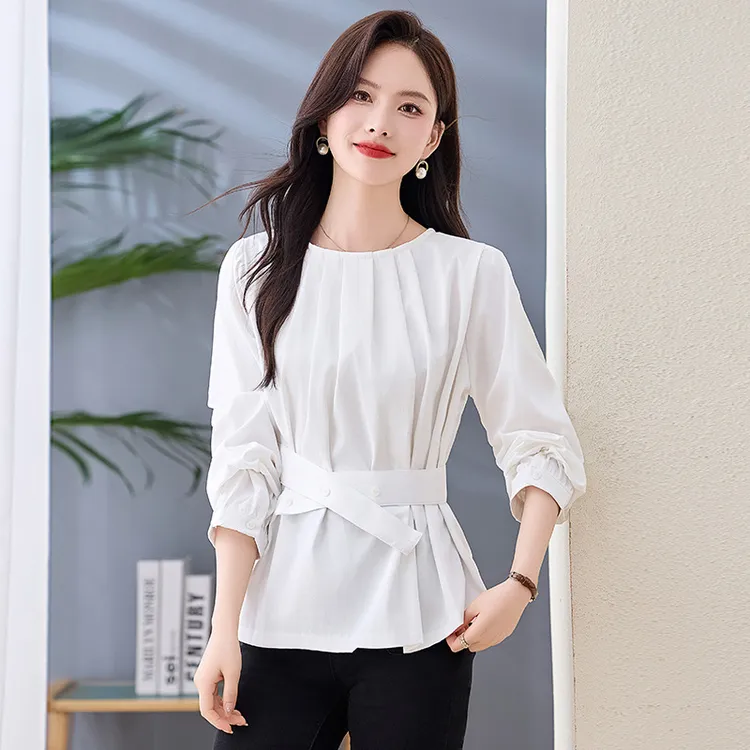 秋季新款女装韩版显瘦收腰设计感长袖气质圆领时尚女式T恤