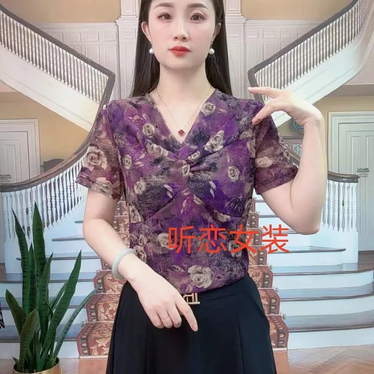 纱网常规款V领印花短袖法式T恤妈妈装网红复古提花036