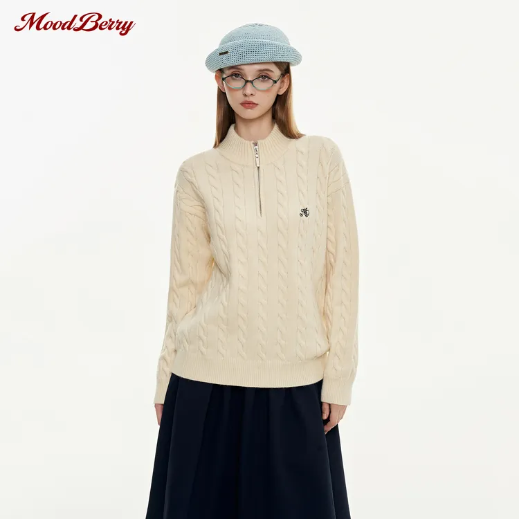 MoodBerry 美式复古LOGO刺绣半拉链麻花毛衣女秋冬慵懒风针织上衣