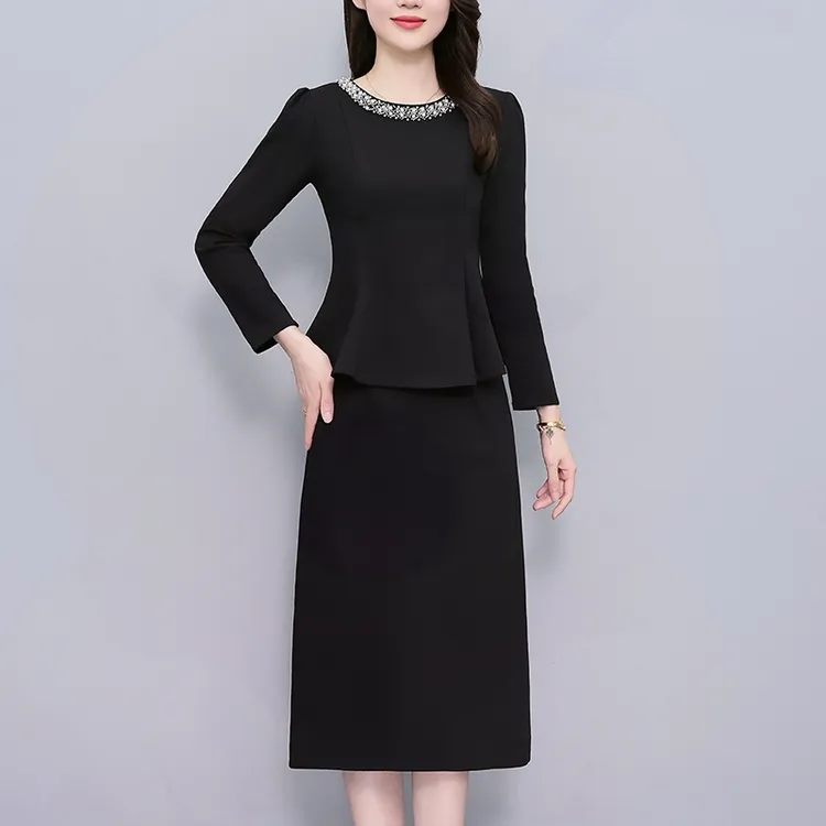 宫廷风黑色通勤包臀长袖上衣+半身裙子春秋季时尚套装女装大码潮