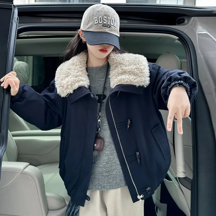 女大童棉服加毛加厚派克服青少年初高中生大翻领外套加厚保暖棉袄