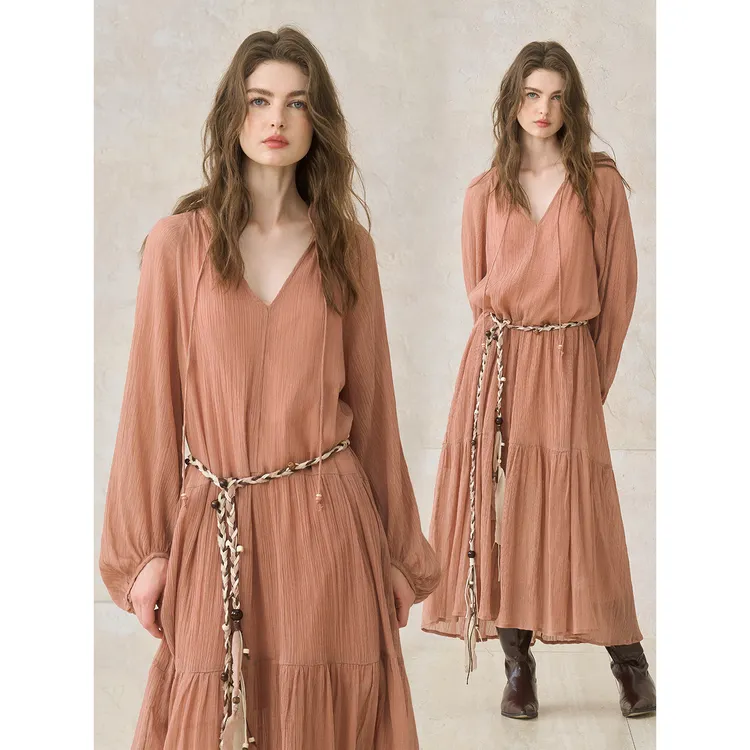 Miorastudio法式复古干枯玫瑰V领连衣裙气质优雅两件套度假风裙子