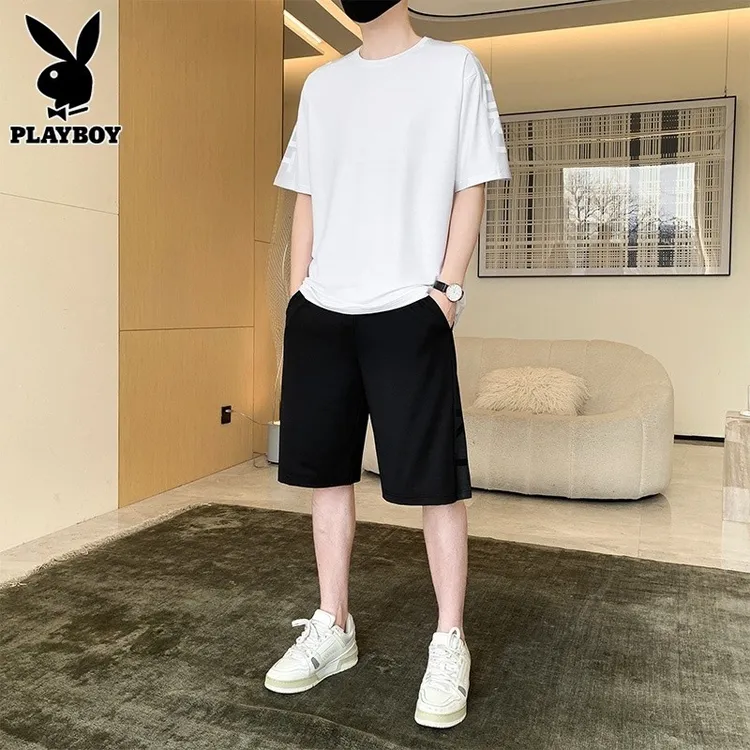 花花公子冰丝运动套装男士短袖t恤2025年夏季新款休闲短裤两件套
