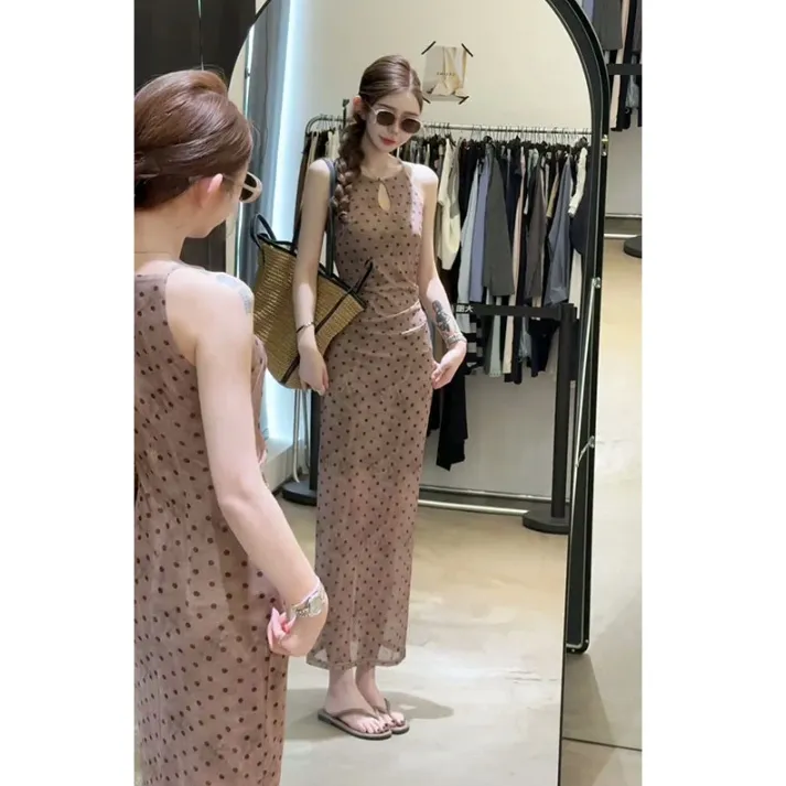 设计感连衣裙女2025夏季新款法式气质收腰波点无袖中长款裙3250#