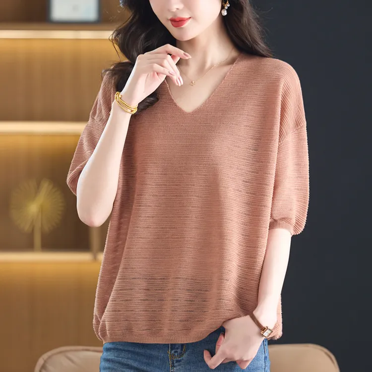 夏季大码女装薄款针织衫显瘦百搭宽松上衣洋气V领冰丝短袖T恤
