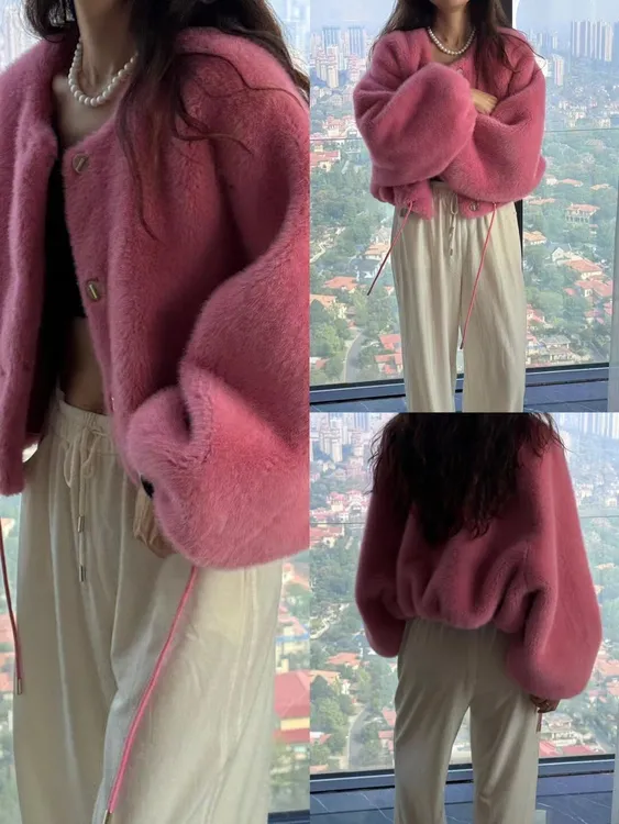 抽绳款糖果色系皮毛一体2024大爆款仿毛毛绒加厚冬季保暖皮草外套