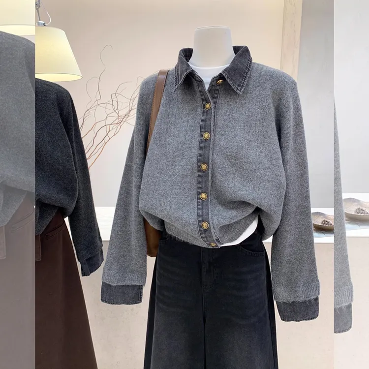 设计感假两件牛仔拼接针织衫外套上衣女秋冬新款大码宽松韩系毛衣