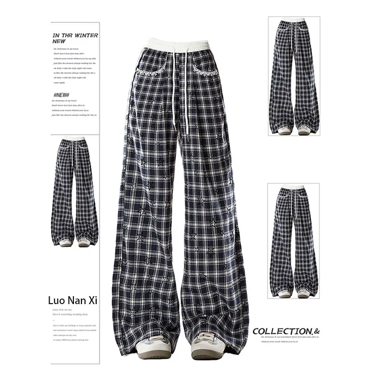 300斤大码星星印花格子休闲裤女秋季胖mm宽松显瘦梨形身材阔腿裤