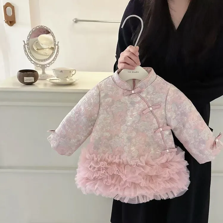 【现货】女童汉服秋冬季唐装连衣裙拜年服女宝宝周岁礼服加绒裙子