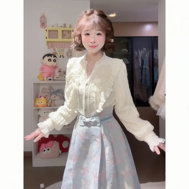 运补6-8气质荷叶边加绒蕾丝衬衫+蝴蝶半身裙套装显瘦套装两件套