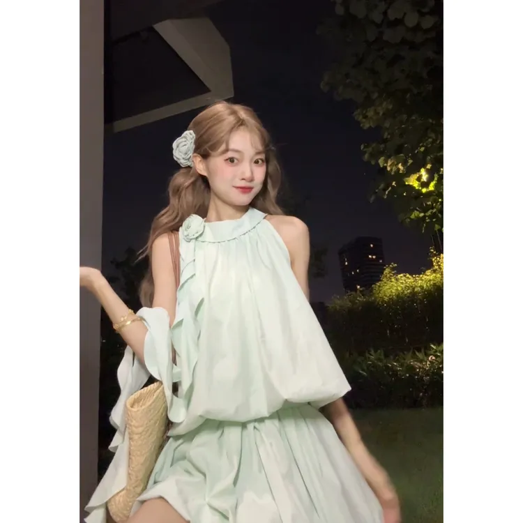 2025夏季新款女法式气质花朵荷叶边无袖上衣高腰显瘦花苞半身裙