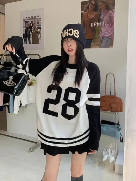 黑白假两件慵懒风卫衣女春秋冬撞色圆领设计感百搭条纹休闲上衣