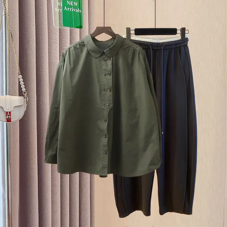 春秋新款设计感双排扣简约通勤保暖衬衫外套+松紧休闲裤两件套女