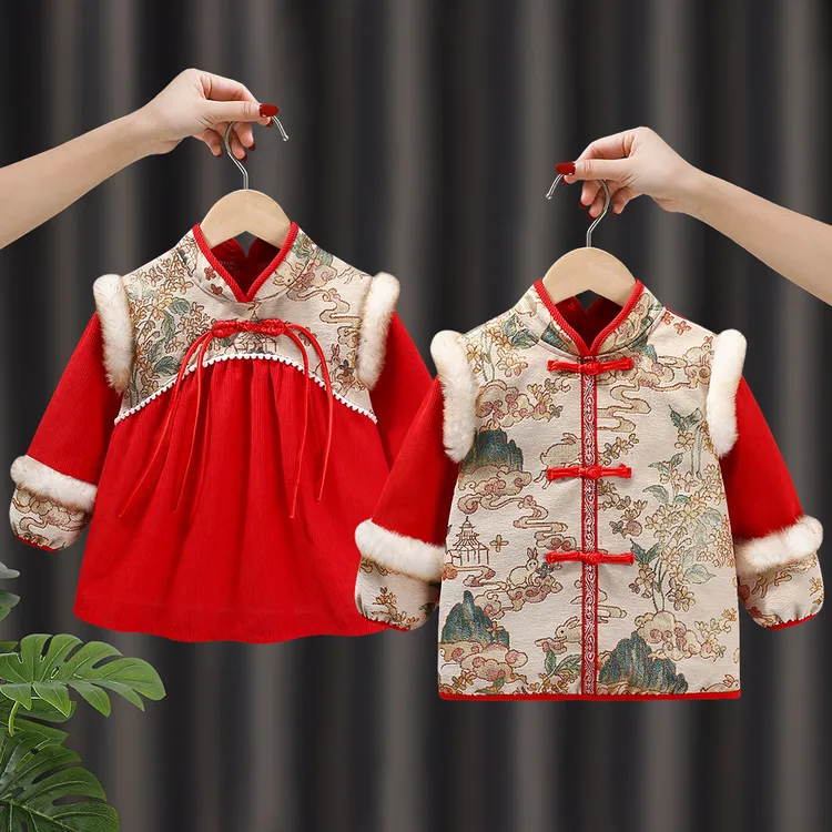 中国风宝宝罩衣儿童围裙秋冬防水防脏拜年服唐装婴幼儿反穿衣护衣