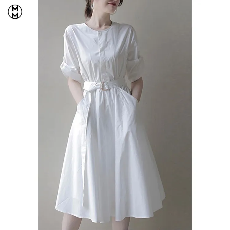 MM法式白色衬衫连衣裙子夏季新款气质甜美收腰薄款高级感长裙女