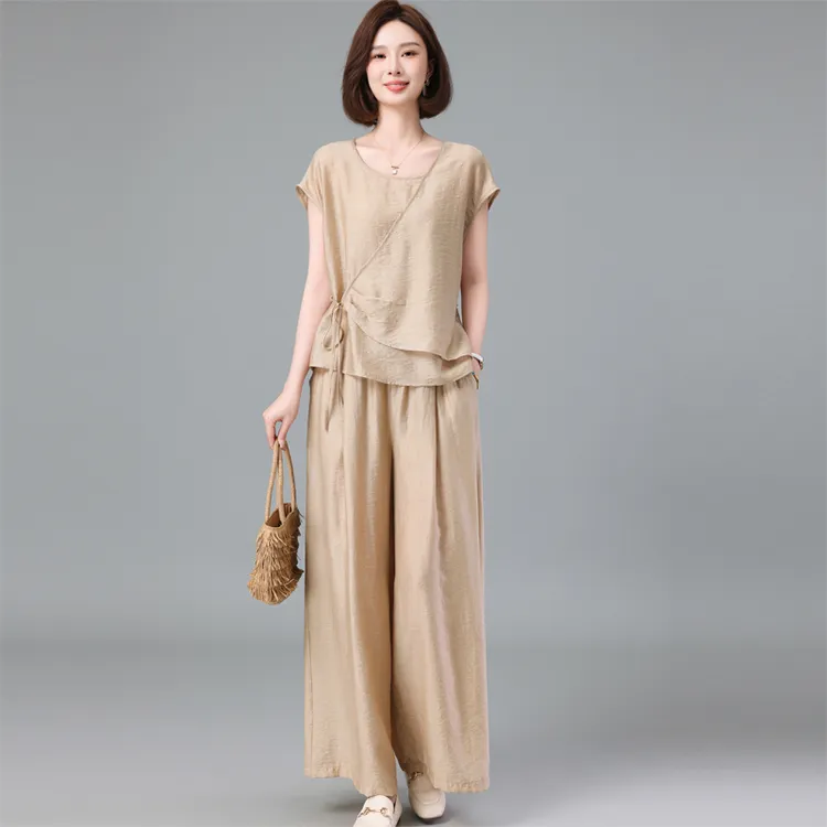 时尚减龄套装女夏2025新款妈妈宽松大码天丝亚麻上衣阔腿裤两件套